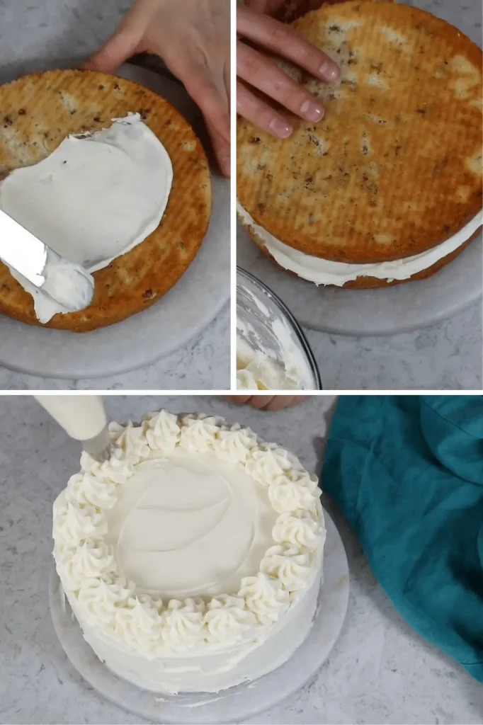 Procedure of putting frosting on cake and giving Italian Cream cake a final shape 