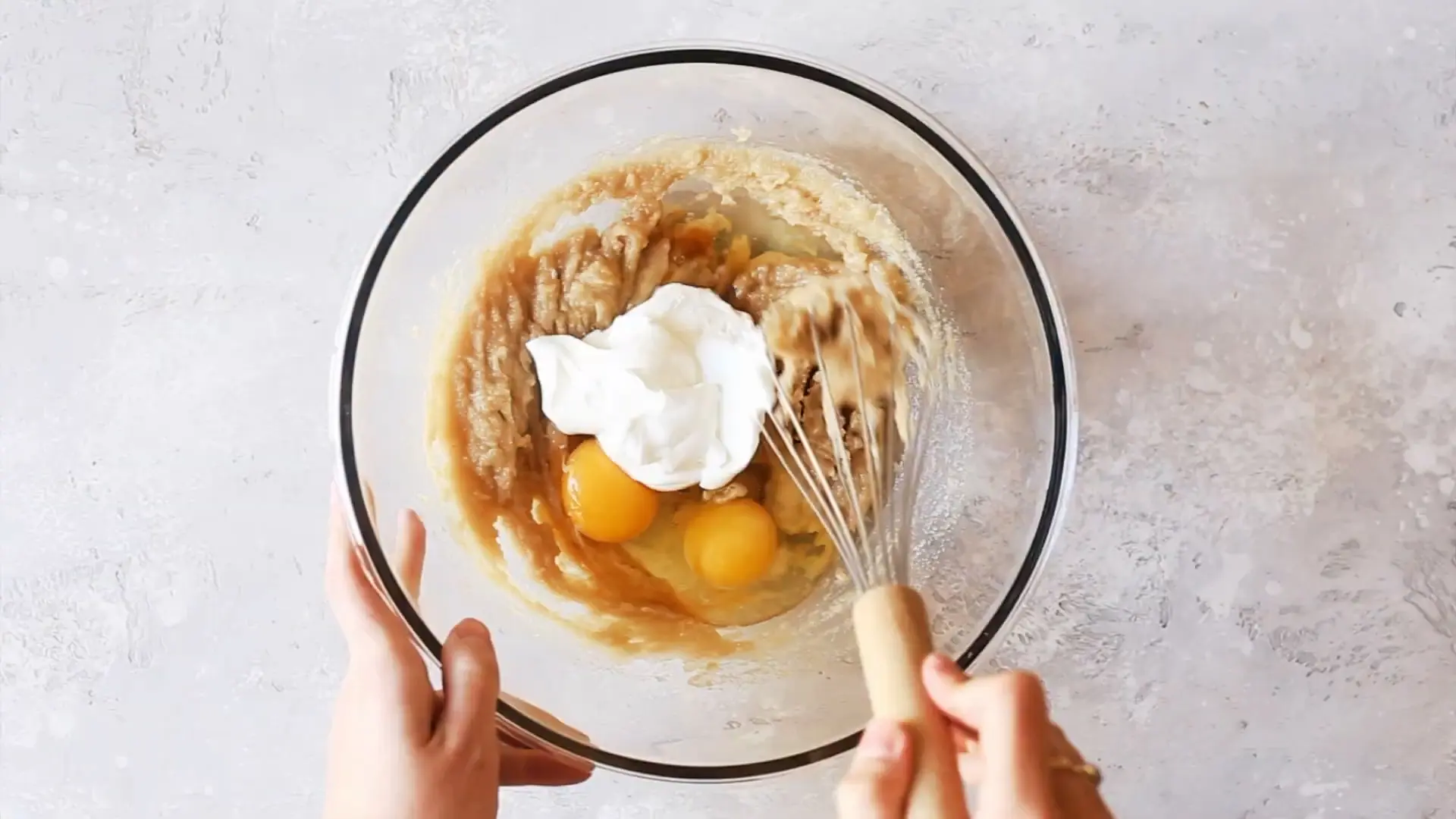 Mixed ingredients in a Bowl with eggs