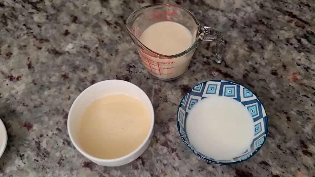 Ingredients for combining three Milk evaporated milk, sweetened condensed milk, and heavy cream