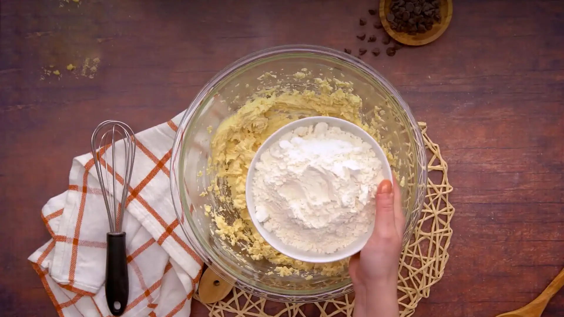 Adding Flour Mixture into Butter Mixture of Toll House Cookie in a Bowl